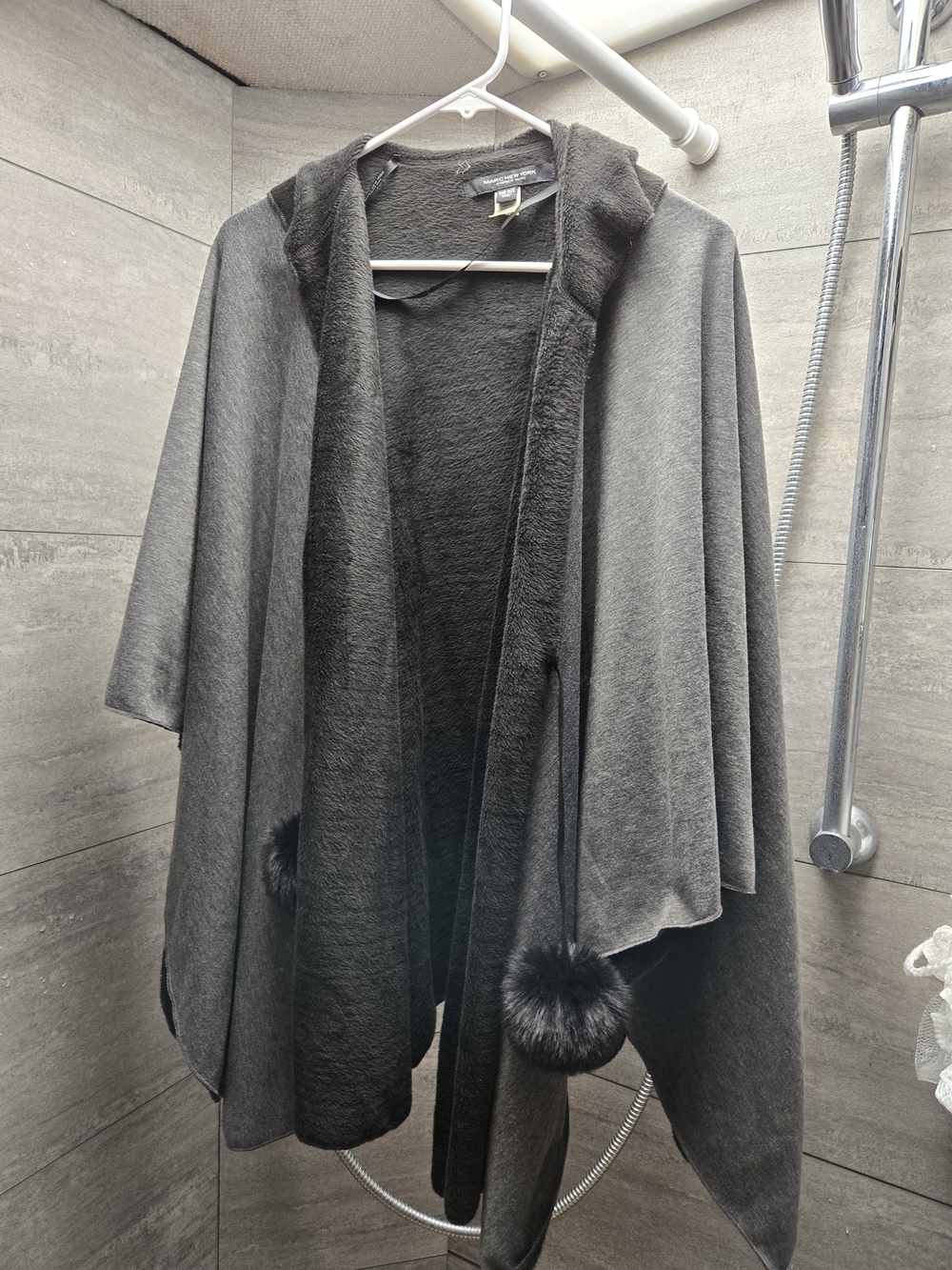 Marc New York Hooded Dark Gray Shawl Cape with Faux Fur Pom-Poms